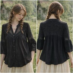 Umgee Floral Lace Panel Cotton Blend Top Button-Up Sz S Bell Sleeve Cottagecore